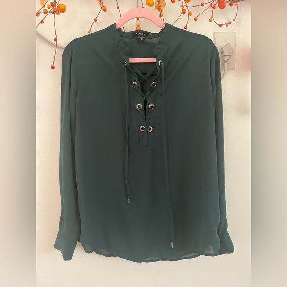 Amisu Dark Green Lace-Up Blouse - Picture 1 of 6